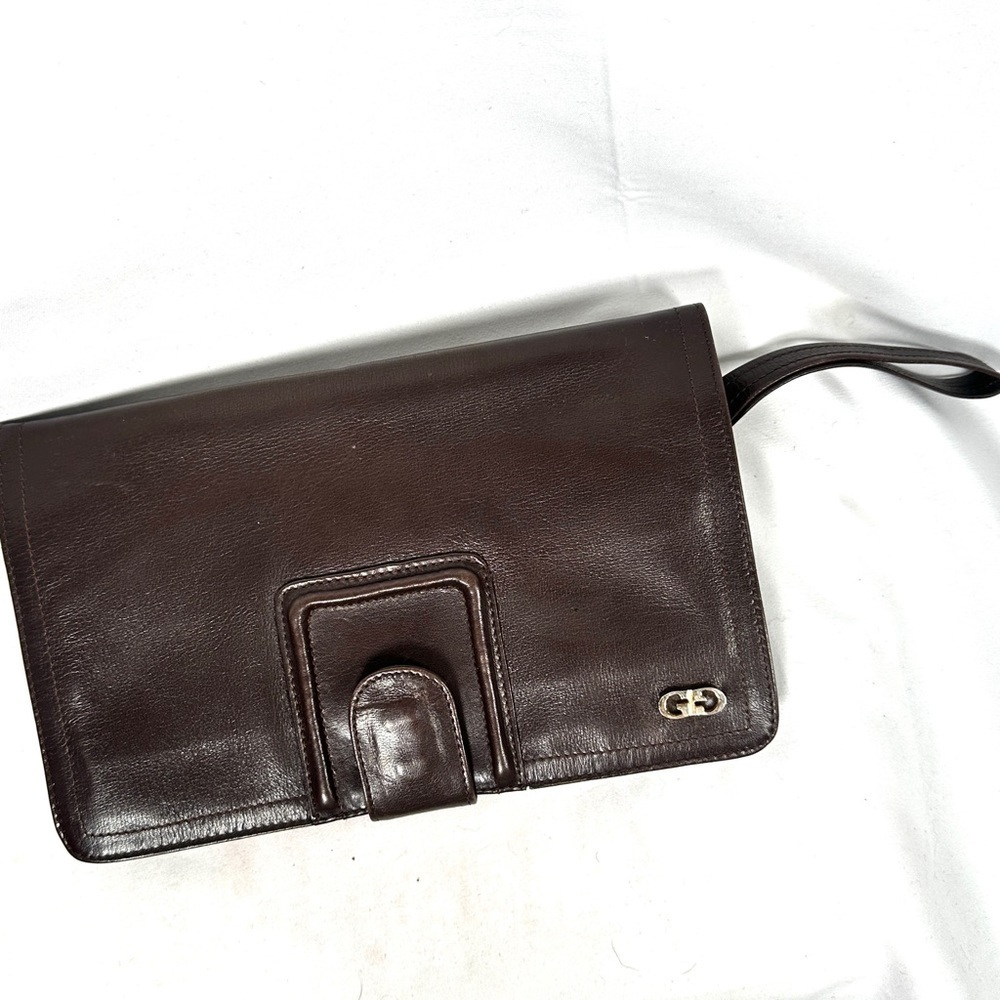 Vintage German Leather Clutch Brown Double-G Corner Hardware 80s Minimalist - Picture 2 of 12